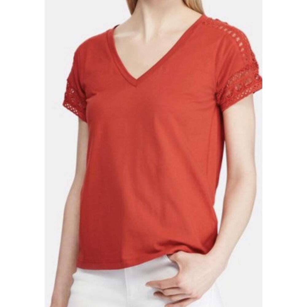 Lauren Ralph Lauren Womens Orange V-Neck Crochet Detail T-Shirt Large